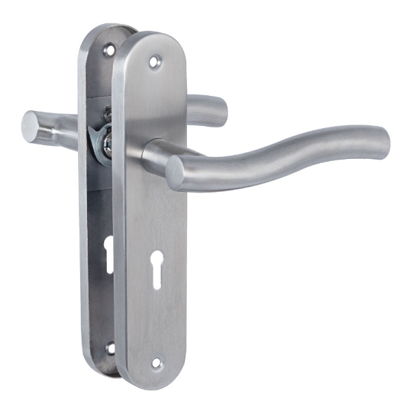 Picture of Wave Stainless Steel Handles on Back Plate with standard keyhole piercing